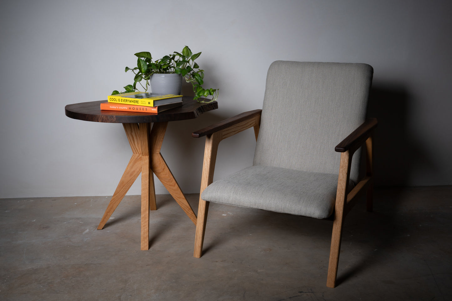 Walnut and Red Oak Accent Chair – Handmade Mid-Century Modern Upholstered Accent Chair